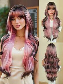 7JHH WIGS Farbverlauf Schwarz zu Rosa Perücke, extra lange lockige Perücke für Frauen, 76 cm synthetische Wellen-Locken-Perücke mit Pony, hochwertige, hitzebeständige Kunstfaser, vollständig maschinell gefärbte Perücke für Halloween, Cosplay, Musikfestivals, Themenpartys und Feiern - Pink - Übersicht 3