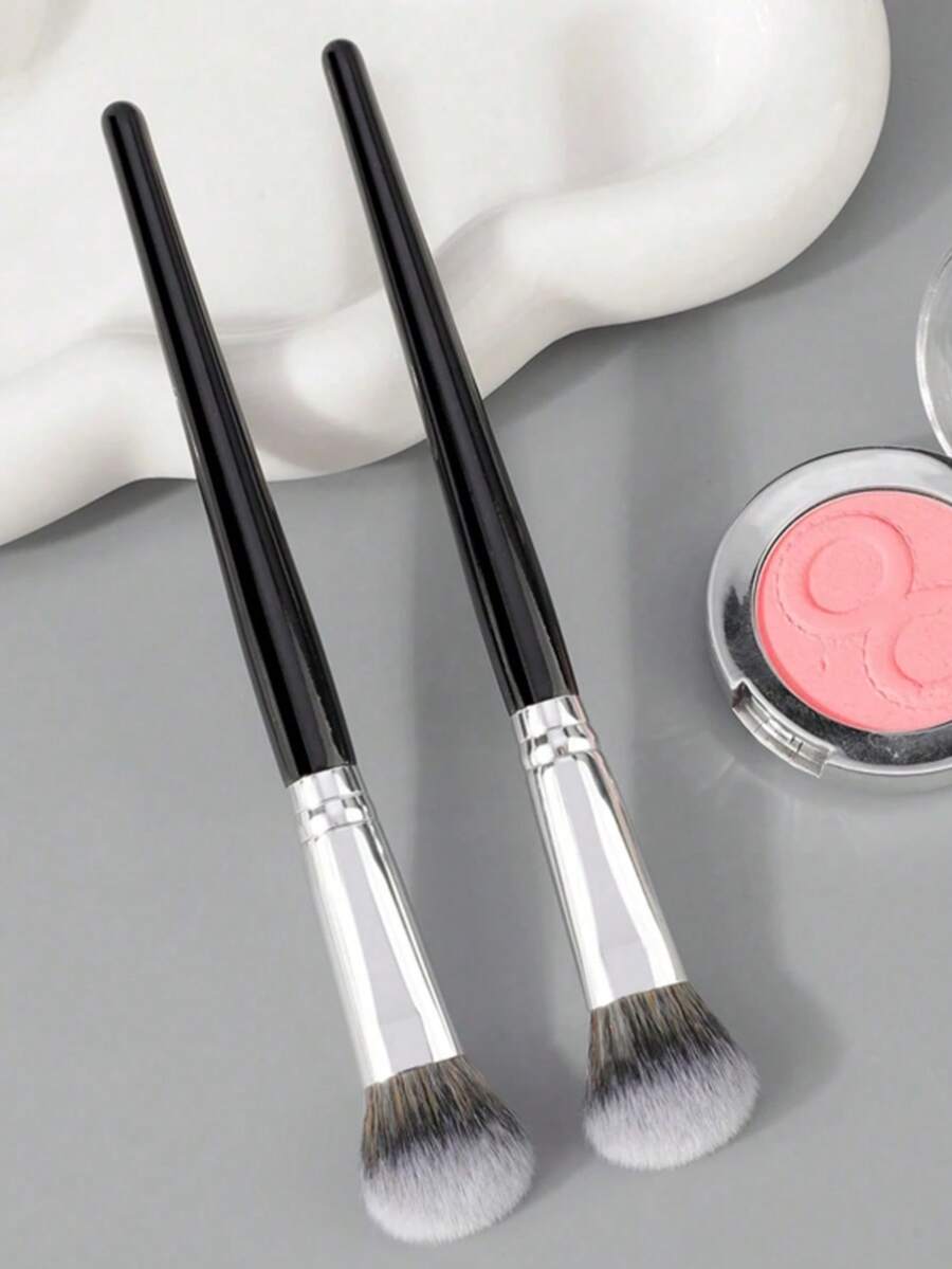 2pcs Black Precise Makeup Brushes, Cream Foundation Contour Bronzer Highlight Blending Bird Feather Makeup Brushes, Flat Liquid Makeup Brushes - Black - View 1