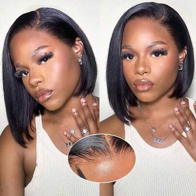 Black Straight Wig 28 Inches 4x4 Pre Cut Glueless Lace Frontal Closure Wigs 180% Density Wear And Go Short Bob Straight Hair Heat Resistant Synthetic Mixed Human Blended Hair Wig With Baby Hair Pre Plucked Bye Bye Knots