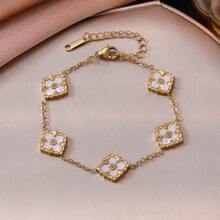 1件时尚不锈钢四叶草和仿珍珠母贝手链，高端花卉首饰，送给女朋友的礼物 - 金色 - 查看 8