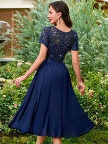 MIUSOL Sequin Floral Lace V-Neck Button Decor Ruffle Hem Chiffon Prom Party Swing Skirt - Navy Blue - View 3