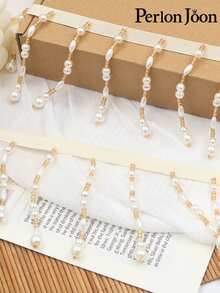 1 件手工缝制珍珠缎带流苏，白色编织缎带，饰有金色珠子，可用于服装装饰和窗帘装饰 - 蕾絲-奶油白色 - 查看 1