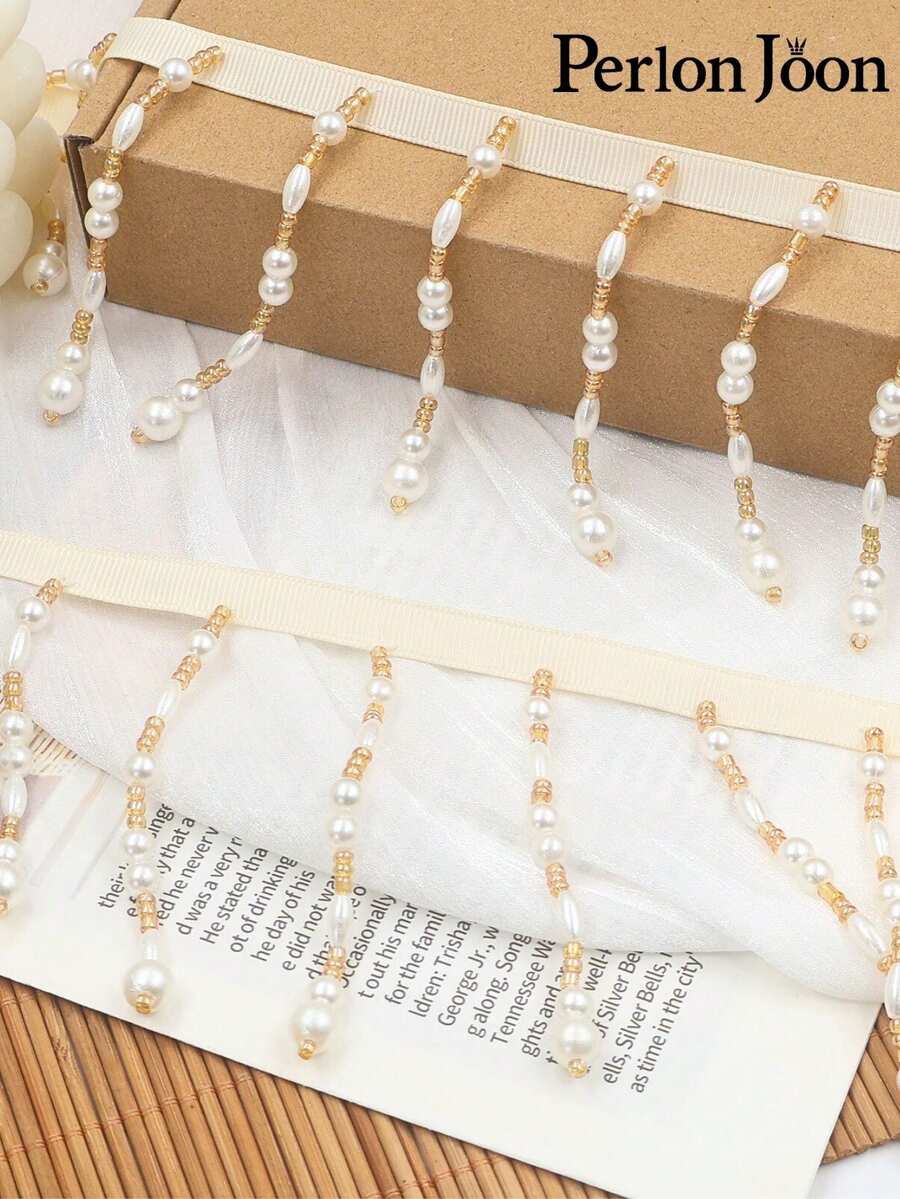 1 件手工缝制珍珠缎带流苏，白色编织缎带，饰有金色珠子，可用于服装装饰和窗帘装饰 - 蕾絲-奶油白色 - 查看 1