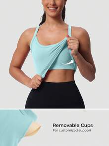 Racerback Tank Tops For Women - Scoop Neck Spaghetti Strap Padded Workout With Built In Bra - 青藍色 - 查看 2
