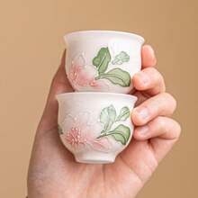 Hand-Painted Embossed Pink Lily Ceramic Tea Cup, Chinese Style Small Teacup, Gourmet Tea Cup, Single Cup, Household Teacup, Water Cup - Multicolor - View 3