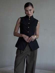 女士优雅套装，春夏新款立领纽扣无袖束腰衬衫背心，黑色，适合日常通勤、海滩派对、约会、复活节、母亲节等场合。 - 黑色 - 查看 3