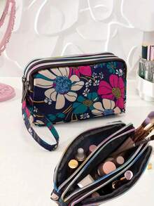 1个时尚印花大容量女士手拿包，带3层拉链隔层和可拆卸腕带 - 耐用印花尼龙材质，适合旅行、日常使用，可装手机、化妆刷、口红、美容工具、化妆品旅行包、拉链零钱包、多功能卡包，女士日常手提包，满足您的外出和日常需求。 - 彩色 - 查看 6