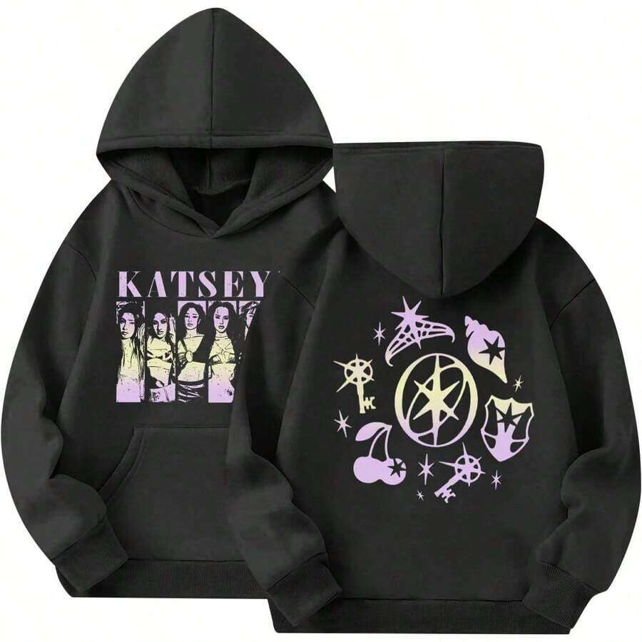 Unisex KATSEYE Hoodie Music Album KATSEYE Merch Hoodies Fashion Graphic Sweatshirt Long Sleeves Hoodievalentine's Day - 黑色 - 查看 1