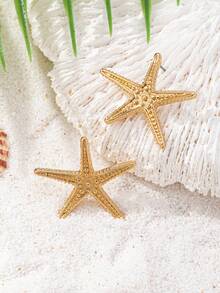 1 Pair Alloy Starfish Shaped Earrings, Suitable For Daily Commute, Beach Vacation, Party And Gathering - Yellow Gold - View 5