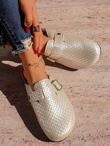 Women's Spring/Summer Flat Closed-Toe Slides - Popular Slip-On Slouchy Shoes With Belt Buckle, Fishing Net Woven Slippers Versatile Design. - Silver - View 14