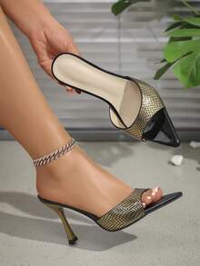 1 Pair Basic High Heel Slide Sandals, Pointed Toe Stiletto, Summer Outdoor Women Shoes - Mocha Brown - View 5