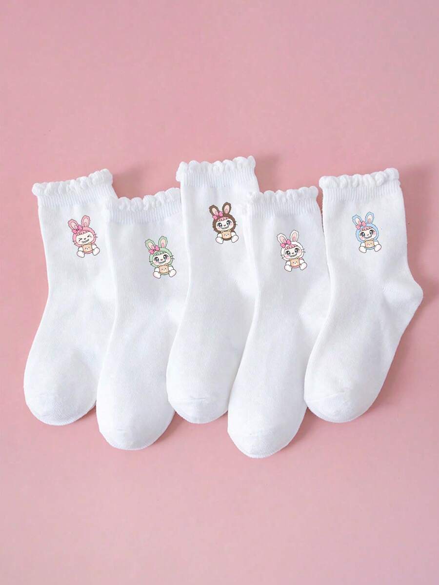 5/1 Pair Girls Casual Mid-Calf Socks, Cute Cartoon Rabbit Ear Decor, Comfortable Breathable Solid Color Socks With Lace Trim, Suitable For Party, Outdoor Activities, Casual Wear, Spring/Summer - White - View 1