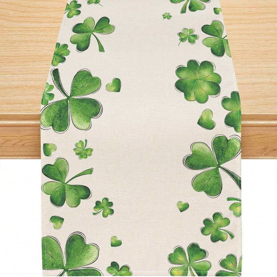 1PC St. Patrick's Day Table Runner, Green Shamrock Lucky St. Patrick's Day Tablecloth, Seasonal Spring Holiday Dining Table Decoration, Home Party Kitchen Table Decor Tablecloth - Beige - View 1