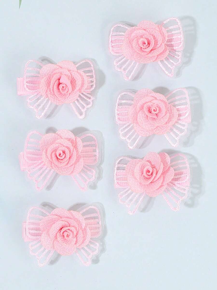 6pcs White And Pink Mesh Hair Bows For Girls Elegant Tulle Flower Hair Clips Aesthetic Sweet Alligator Clips Sweet Girls Gifts Hairpins Clips Casual Wedding Hair Barrettes Baby Hair Accessories - Multicolor - View 1