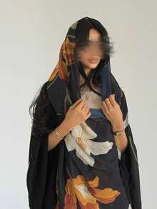 Women's New Floral Print Open Front Casual Abaya Robe With Headscarf, Daily Wear - Black - View 6