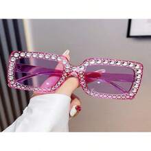 Women's Sparkling Crystal-Decorated Glasses, Oversized Square Thick Frame, Perfect For Disco Party/Concert Photo Props. - 紫丁香色 - 查看 1