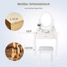 ZSSWSS White, Removable Dressing Table With Oval 360° Mirror, Pine Wood Dressing Table With 3 Drawers And 1 Stool, 75 X 40 X 136 Cm - trắng - Xem 5