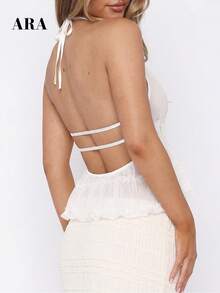 ARA CHIC Women's White Textured Pleated Camisole, Sexy Open Back Tie Strap Crop Top, 2026 Spring/Summer New Beach Vacation Style - White - View 2