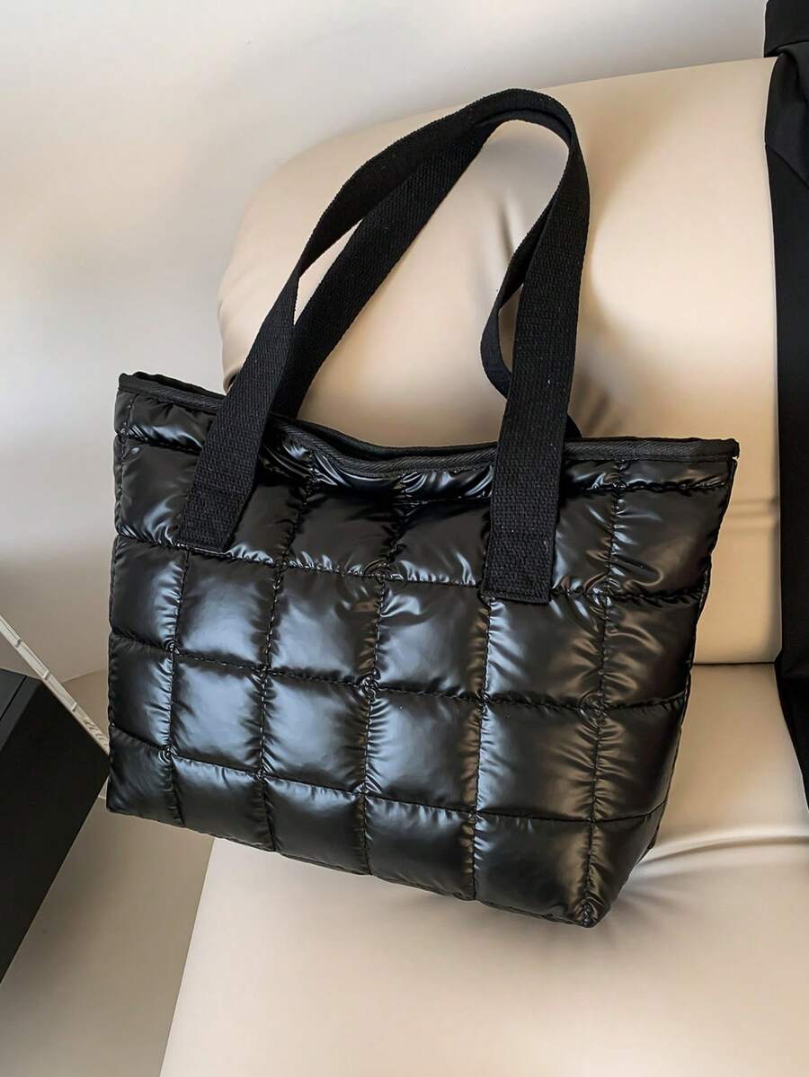 1pc Metallic Black Quilted Large Capacity Tote Bag, Women's Shoulder Bag Suitable For Daily Use And Dates, Christmas Gift - Black - View 1