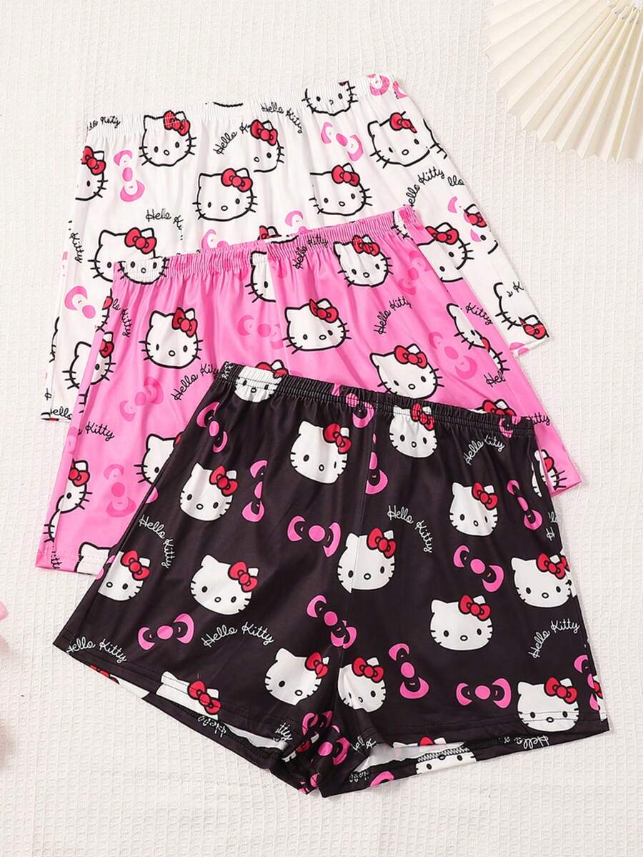 3pcs Sanrio Hello Kitty Cartoon Print Shorts Pajama Set, Women Casual Summer Homewear - Multicolor - View 1