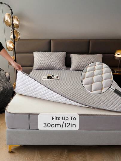 1件装六面拉链床垫保护套，绗缝内衬，适用于12英寸厚床垫，包括单人床、双人床、特大号床、大号床等，透气静音，可作床罩、床笠使用，可机洗，低致敏性，高品质拉链床垫套，理想的家居礼品，完美的节日礼物，温暖舒适