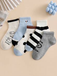 5 Pairs Women's Black Polka Dot & Striped Ankle Socks, Casual Daily Wear, Versatile - Multicolor - View 5