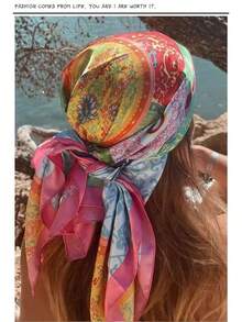 1pc Minimalist Printed Satin Square Scarf, New Spring Fashion Headscarf For Women, Can Be Used As Waistband, Bag Decoration, Ribbon, Headband Or Scarf, Ideal Choice To Enhance Your Overall Look - 淺褐色的 - 查看 5