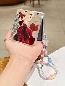 1PC Fashion Matte PC Material Simple Newspaper Rose Love Element Folding Phone Case, Paired With Same Color Bracelet, Can Protect And Prevent Falling: SamsungGalaxy Zflip 3/Zflip 4/Zflip 5/Zflip 6/Zflip 7/OPPO Find N3 Flip/ Razr 50 Ultra/ Razr 60 Ultra/ Rallazar 60/ Razr 50/XiaomiMIX Flip/Galaxy Z Flip7 FE - Red - View 9