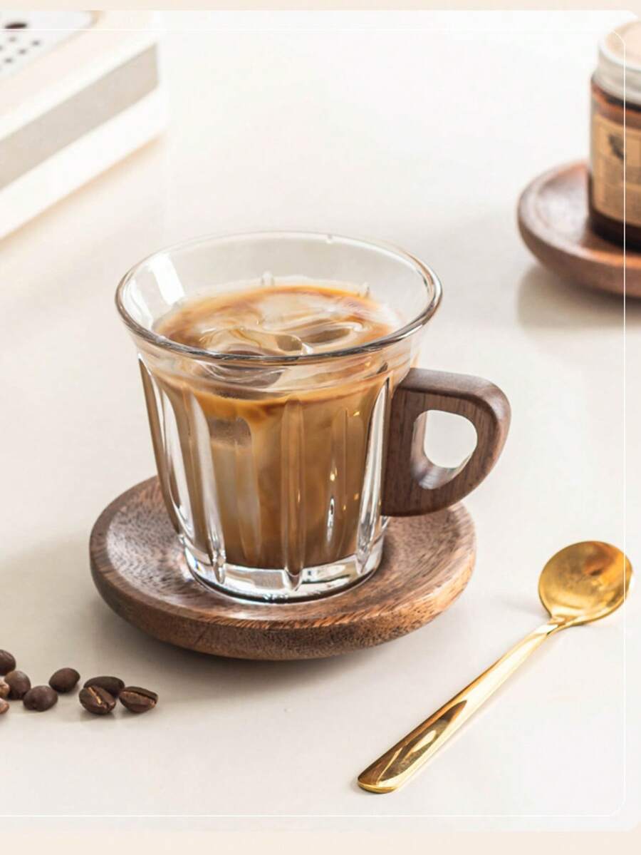 Tasse à café en verre avec poignée en bois, tasse à expresso/latte en verre - Série de tasses à café - Voir 1