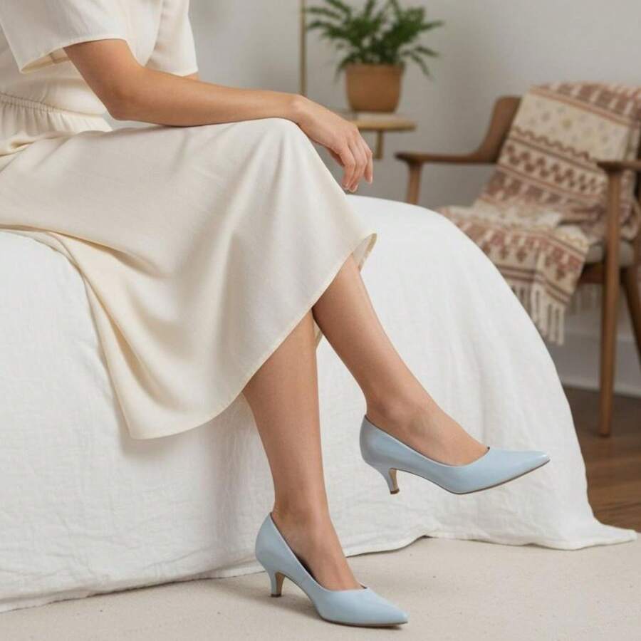 Women's Dress Shoe, Pointed Toe, Patent Leather, Low Heel (5cm), Comfortable, Casual, Evangelical Fashion. - 淺藍色 - 查看 1