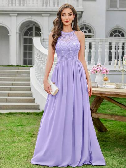 MIUSOL Sequin Lace Backless Pleated Chiffon Formal Party Maxi Dress, Formal Evening Gown, Suitable For Wedding Guest, Graduation Ceremony, Banquet And Other Occasions, Valentine's Day