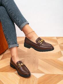 Women's Loafers, Round Toe Metal Buckle Flat Shoes, Outdoor Retro Women's Shoes, Casual College Style Shoes - Bronze - View 2