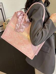 (28 cm * 20 cm * 10 cm) Sac à main mode pour femmes, grande capacité, forme carrée, léger, décoré d'un foulard raffiné, matériau résistant aux rayures et à l'abrasion, convient pour le shopping, les sorties, les rassemblements, les déplacements, motif lettre, élégant sac fourre-tout minimaliste décontracté pour femmes - Rose bonbon - Voir 2