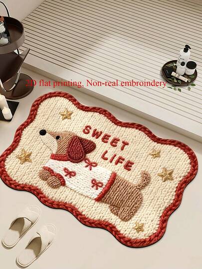 1 Piece Of Red Cartoon Printing Pattern Puppy Bathroom Rug, Rubber Anti-Slip Mats, Minimalist Flower Design, Bath Rug, Absorbent And Stain Resistant,Room Decor, Kitchen Rug,Suitable For Bath Mat, Kitchen Rug, And Door Mats.