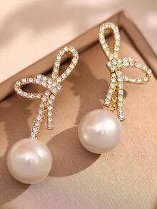 1pc Stainless Steel 18K Plated Pearl Bow Earrings, Minimalist & Versatile For Women, Suitable For Party, Date, Office Wear - Multicolor - View 4
