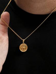 1pc Men Stainless Steel Compass Necklace Rope Chain Gold North Star Pendant Necklce Curb Chain Men Jewelry Gifts - Curb Chain - View 1