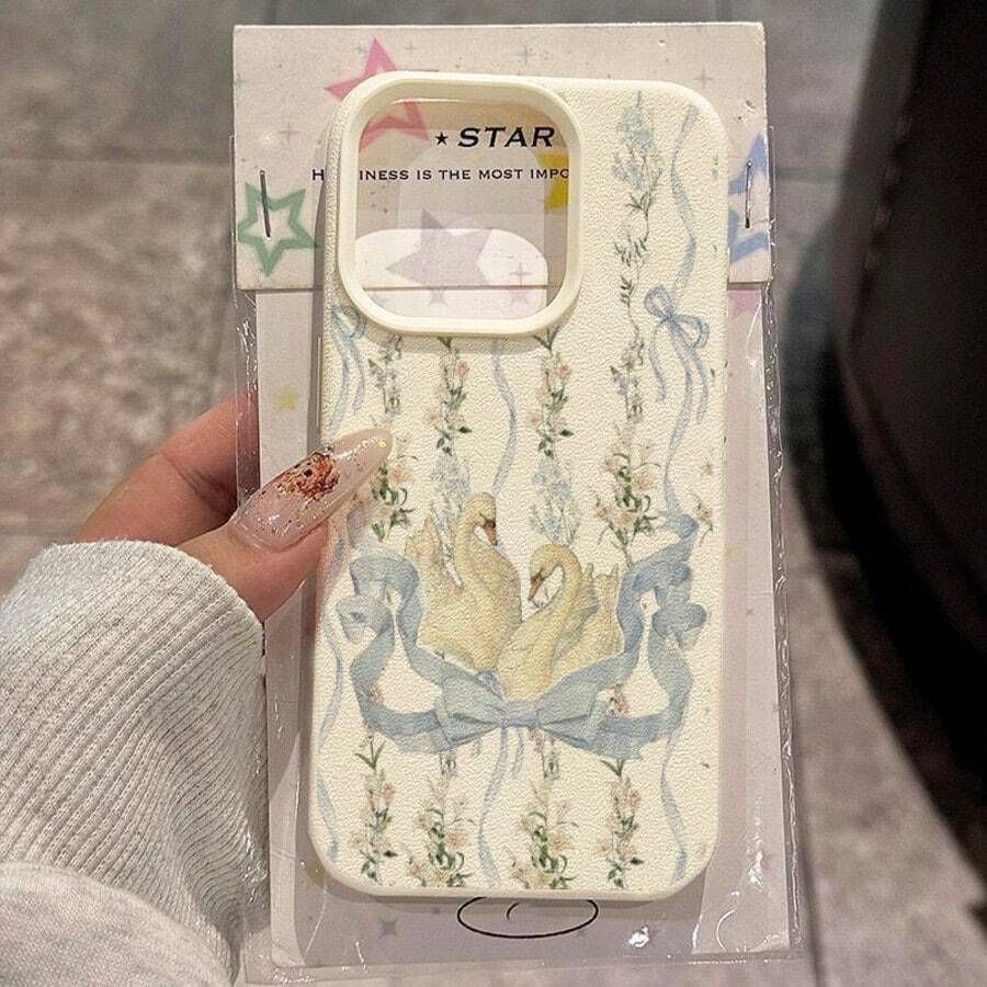 1pc TPU Material Elegant Bow Ribbon Floral Swan Pattern Phone Case Compatible With Apple 17 Pro Max/17/16 Pro Max/15/13/12/11, S20 FE/A15/S24/A55, Redmi Note 11/12/13 Pro, Full Body Soft Protective Cover - White - View 1