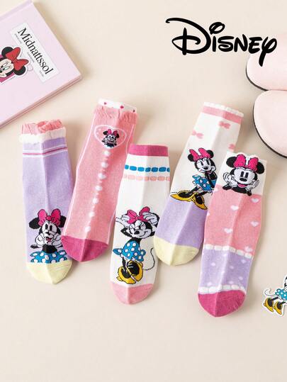 Disney 10/5 Pairs Minnie Mouse Series Socks, Princess Cute Spring/Summer Girls' Elsa Princess, Mermaid Princess Mid-Calf Socks, Korean Cartoon Boys' Summer Breathable Baby/Student Short Socks