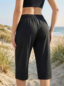 Women's Quick-Dry 3/4 Pants, Elastic Waist 3/4 Pants, Zipper Pocket 3/4 Pants Suitable For Hiking And Summer, Sports & Casual Pants - Black - View 4