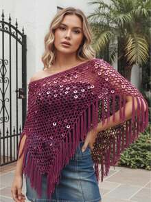 Sequin Crochet Cover Up For Women Hollowed Tassel Off Shoulder Knitted Poncho  Coverup Tops - 酒紅色 - 查看 1