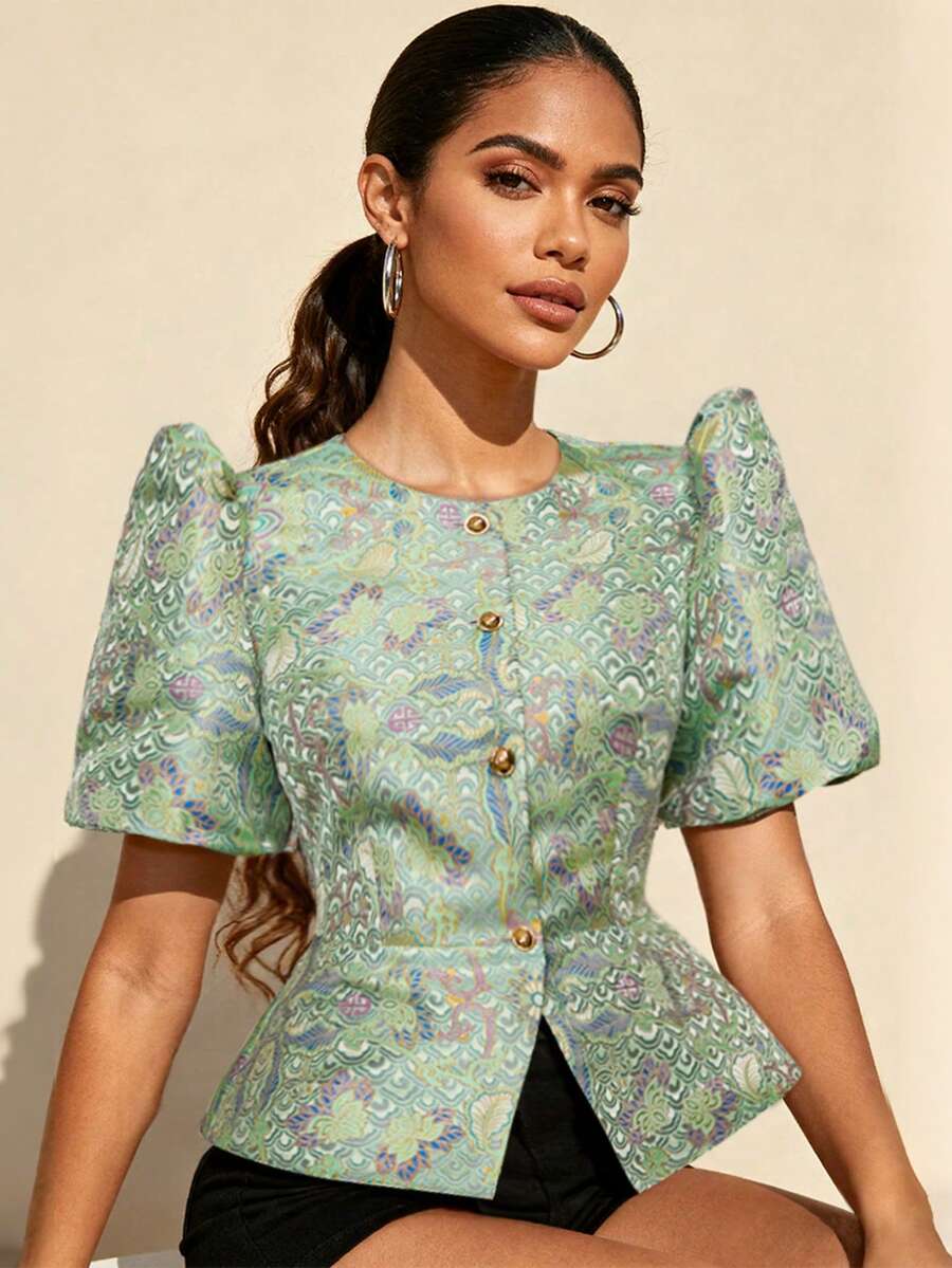 1 Stück modernes Filipiniana Top mit Peplum & Schmetterlingsärmeln, Knopfverschluss, Damen Kurzarm Bluse für Urlaub, Alltag, Date, Reise, Frühling/Sommer - Grün - Übersicht 1