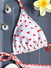 Elegant Women's Heart Pattern Halter Backless Bikini Cute Ruched Bust Swimwear Medium Stretch - Multicolor - View 3