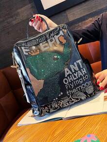 1 Piece Of Women's Backpack, Men's Backpack, Couple's Backpack, Black, Personalized Diamond Inlaid Backpack, Back To School Season College Style Backpack, Cartoon Backpack, Letter Printed Diamond Inlaid Design, Women's Backpack, Shoulder Bag, Handbag, Crossbody Bag, Adjustable And Detachable Shoulder Strap - Black - View 5