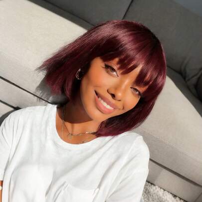 Lolely Dream 99J 酒红色短直波波头假发，带刘海，100% 巴西 Remy 真人发，全机织，180% 高密度蓬松发量，亮丽酒红色，带有挑染，可选姜橙色，质地柔软顺滑，不易掉发和打结，透气帽设计