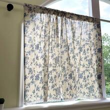 1 件蓝色玫瑰花朵短窗帘，复古印花，白色蕾丝边，适合乡村风格的窗户、厨房、咖啡厅、复古房间装饰、摄影、家居装饰