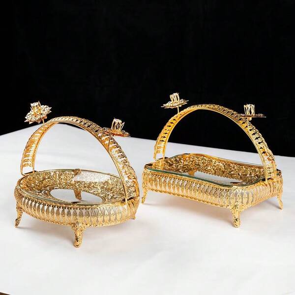 1pc European Style Gold Metal & Glass Fruit Bowl, Dry Fruit Tray, Decorative Fruit Plate For Home, Living Room, Coffee Table