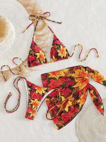 Bộ bikini nữ, đồ bơi 3 mảnh, họa tiết hoa nhiệt đới, áo ngực tam giác, quần đùi buộc dây bên hông, chân váy tam giác voan mỏng, đồ đi biển mùa hè thanh lịch, trang phục đi biển nghỉ dưỡng cho nữ - Nhiều màu - Xem 9