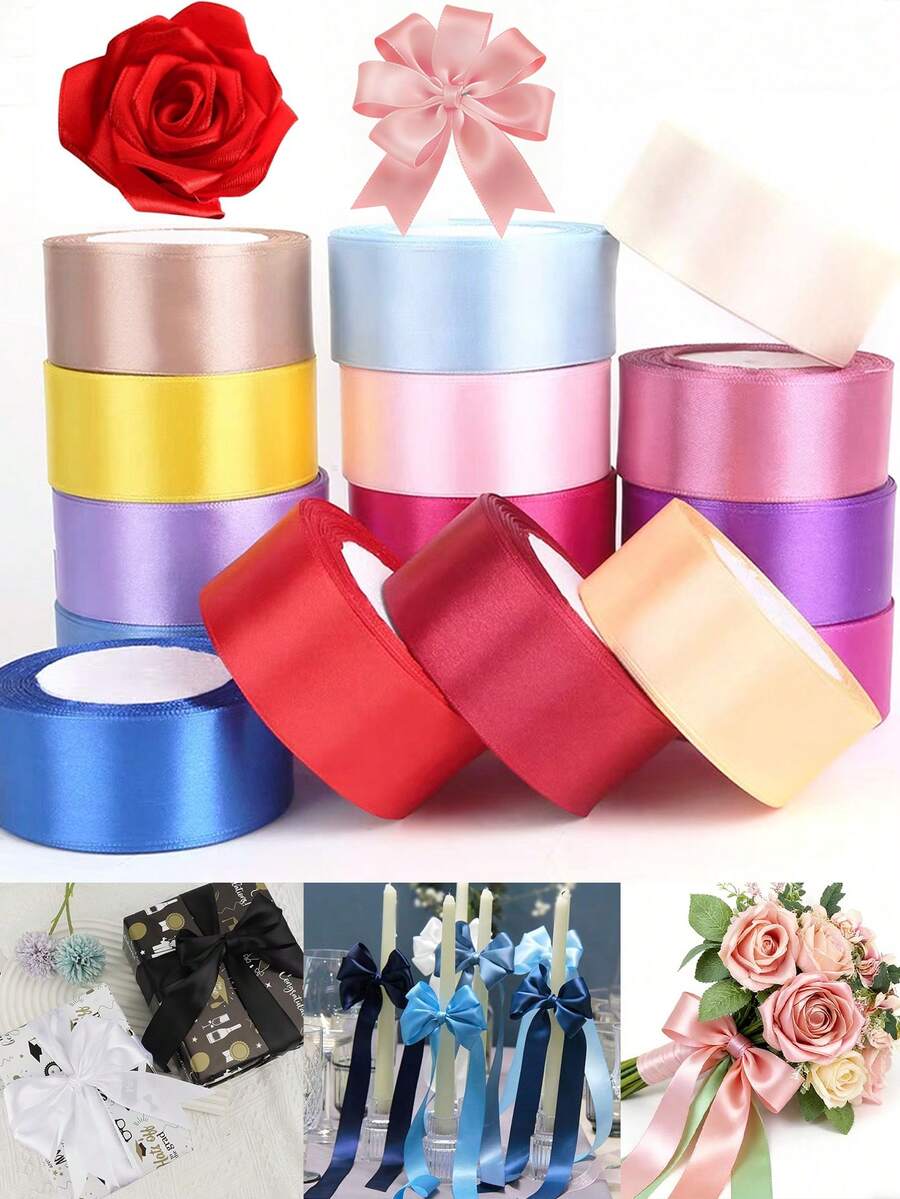4cm/1.57inch 6 Rolls 150 Yards Satin Ribbon For Gift Wrapping, Polyester Satin Christmas Ribbon For Wedding, Christmas Tree, Valentine's Day Decoration, DIY Bow, Packaging, Floral Arrangement - Color-6 - View 1