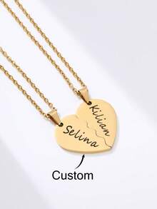 Personligt dubbelnamnshalsband med sammanhängande hjärtmönster, halsband i rostfritt stål med brustet hjärta, kan graveras med namn/datum/kort fras, sammanhängande hjärtmönster, unisex, födelsedags-/alla hjärtans dag-present - Multifärgad - Visa 2