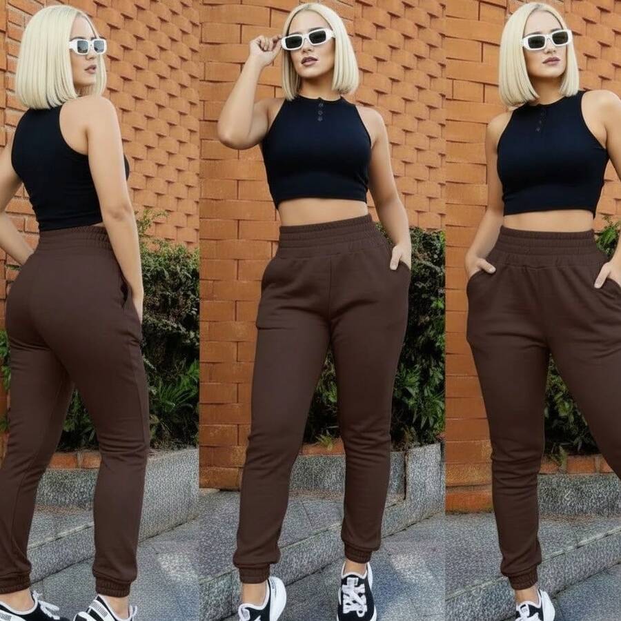 Women's Thick Jogger Sweatpants With High Waist - 鏽棕色 - 查看 1